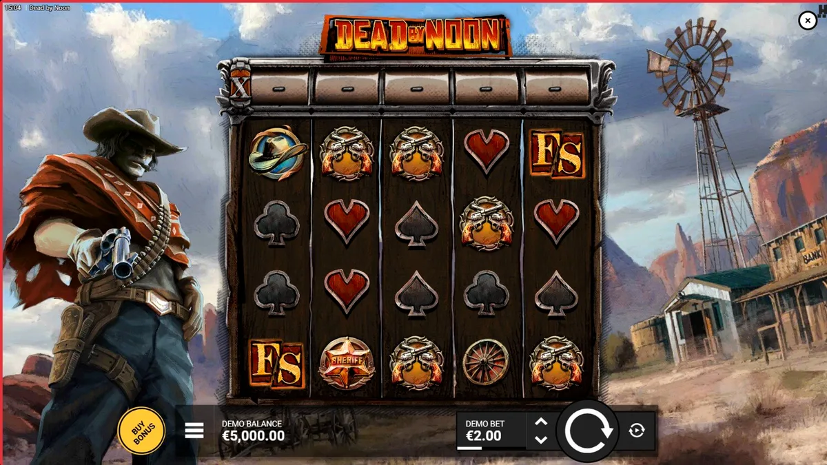 Tampilan visual game slot Dead By Noon dengan nuansa Wild West yang mencekam