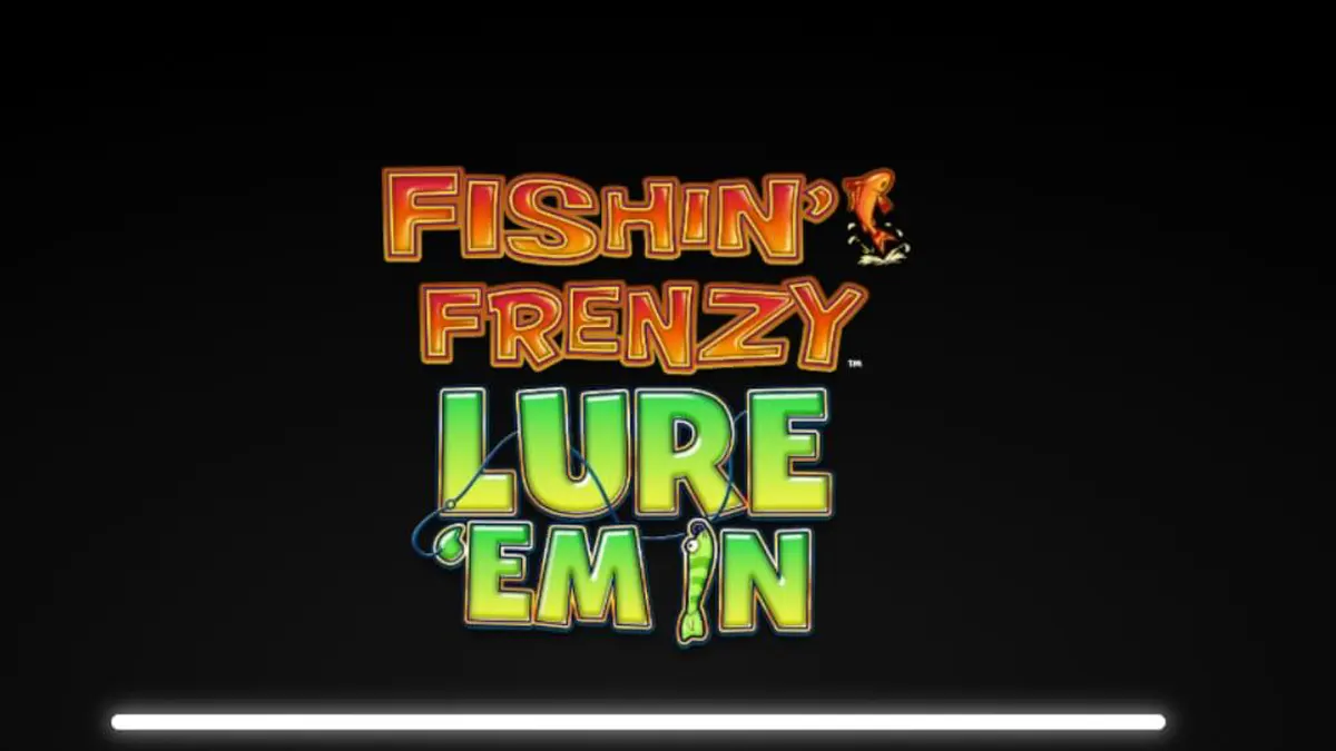 Tampilan visual slot Fishin Frenzy Lure Em In dengan latar belakang danau yang tenang.