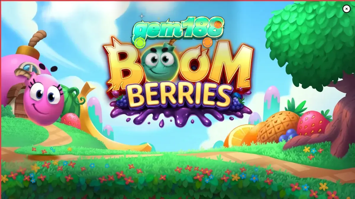 Tampilan visual slot Boomberries dengan elemen buah-buahan dan desa dongeng yang penuh warna.